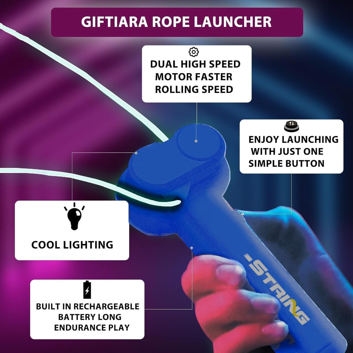 Rope Thruster Shooter Toy for Kids – Glow Rope Launcher with Propeller