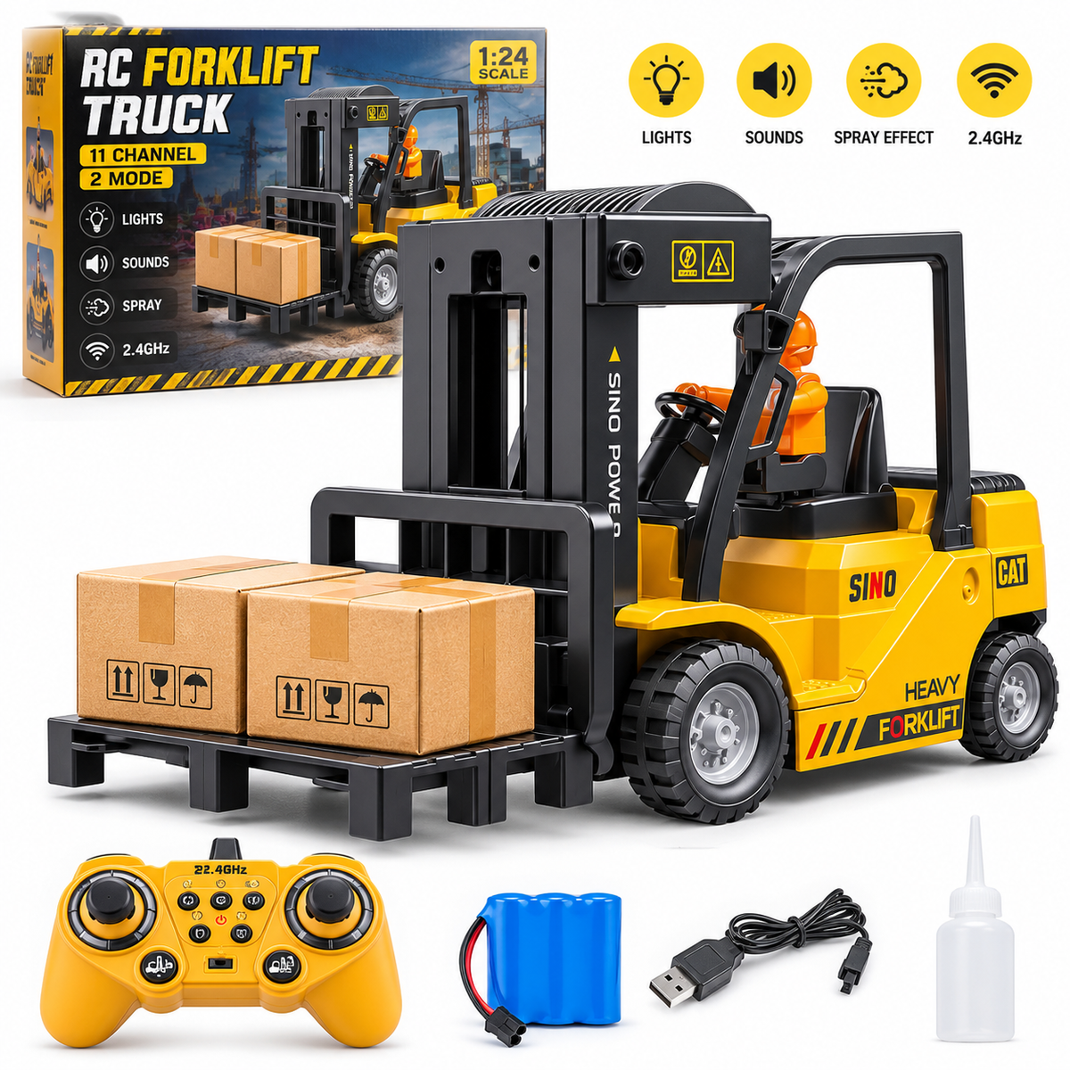 11-Channel RC Forklift Truck – 1:24 Scale Construction Toy with Lights & Sound